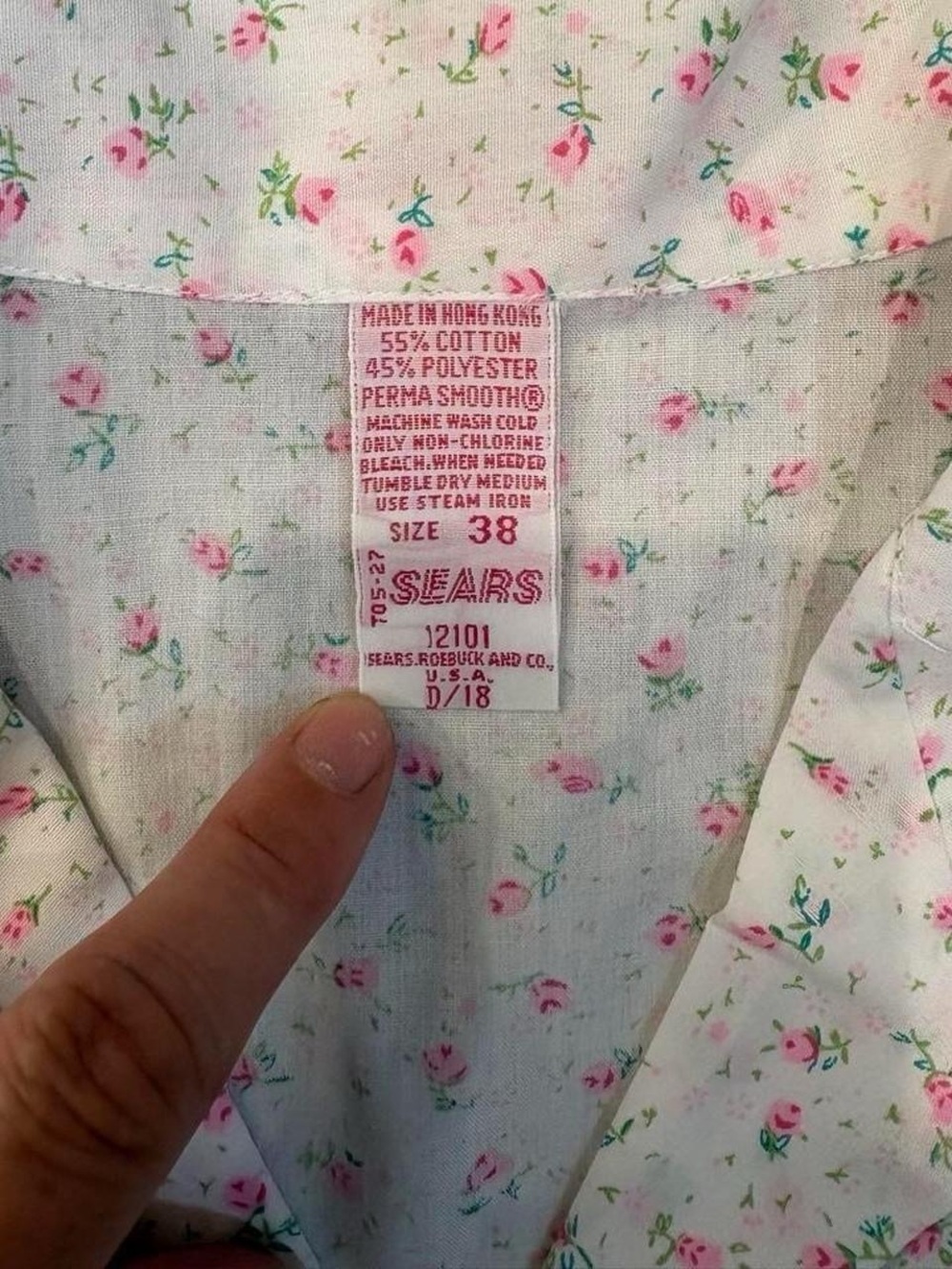 Sears White Button-Up Shirt with Pink Rose Print